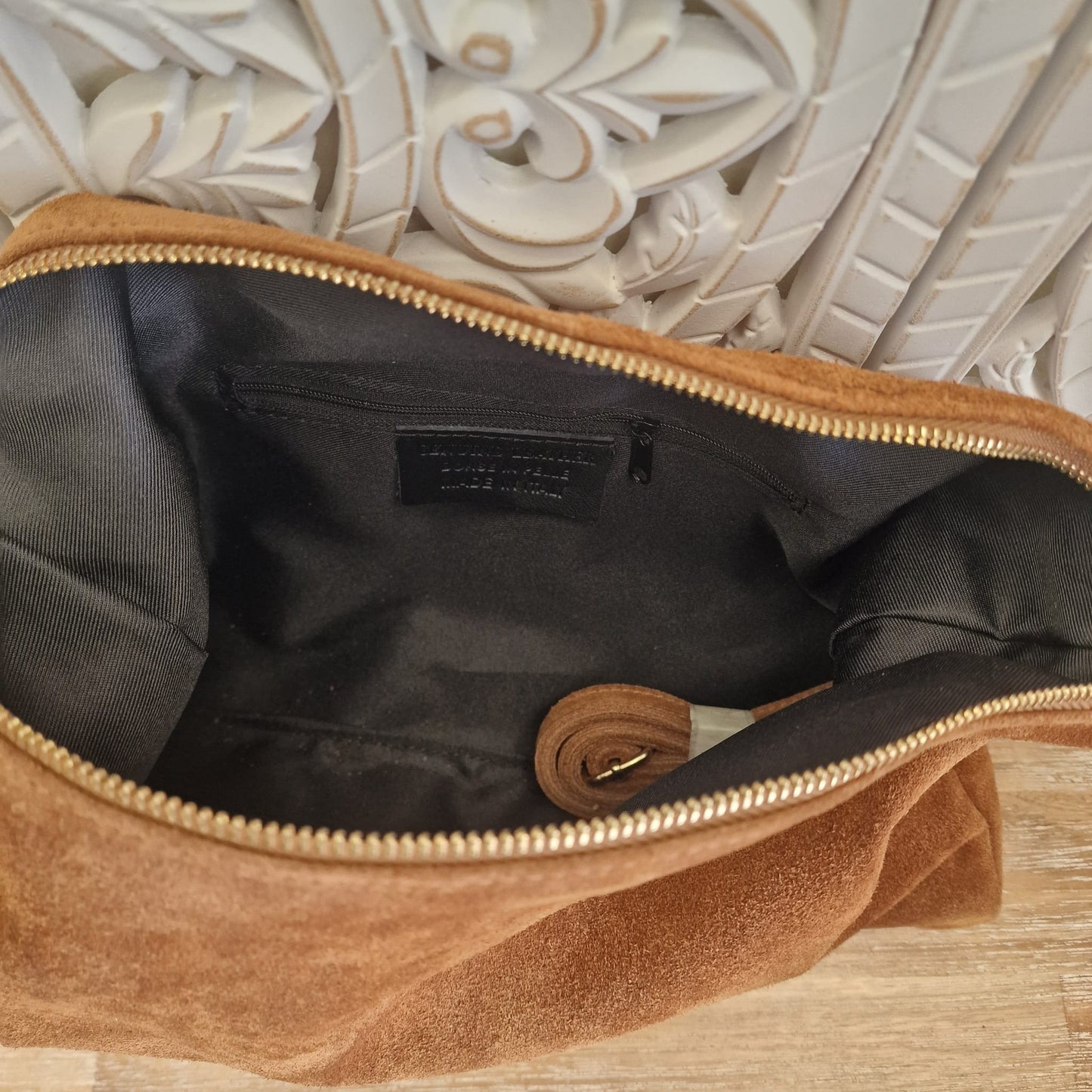 bolso de piel ante con nombre personalizado
